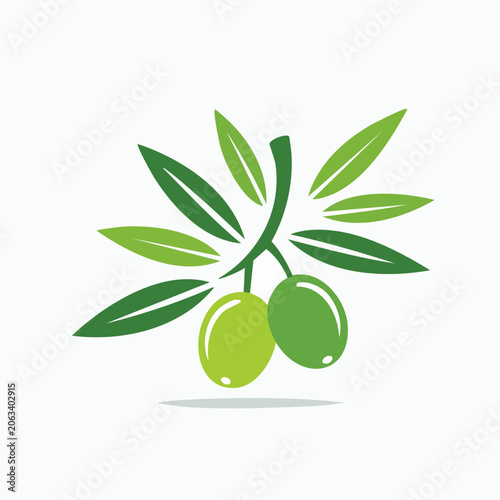 Olive Branch with Two Green Olives and Leaves