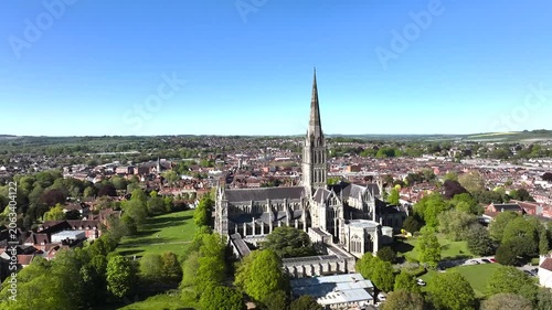 Salisbury Cathedral from a drone, Salisbury, Wiltshire, England, Europe
