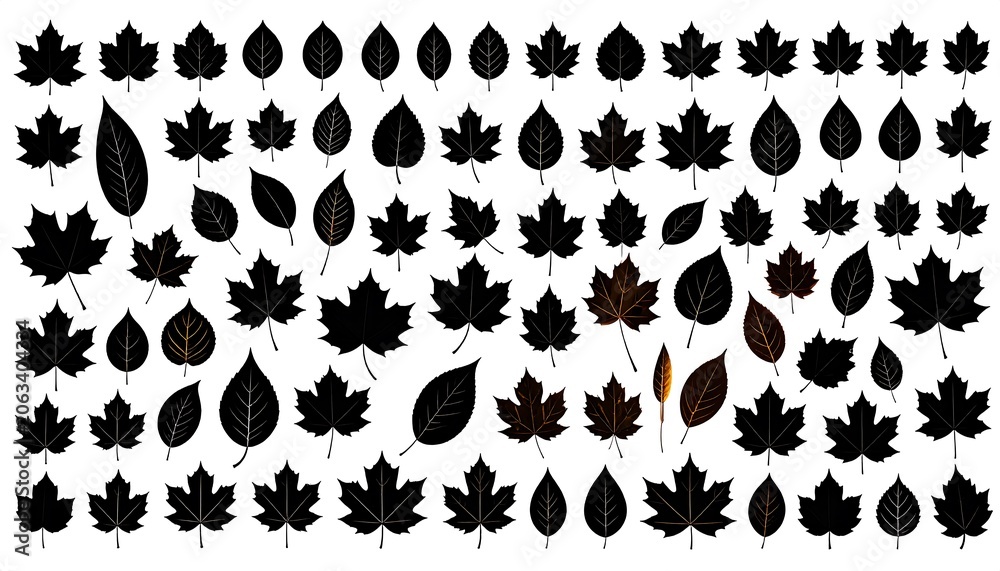 Fototapeta premium Black leaf silhouettes, varying in size, shape, and slight color variations of brown, create a visually appealing, scattered pattern on a white backdrop