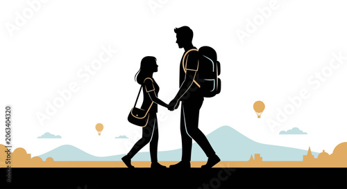 Foto A man and woman hold hands walking on a path with hot air balloons floating in the distance