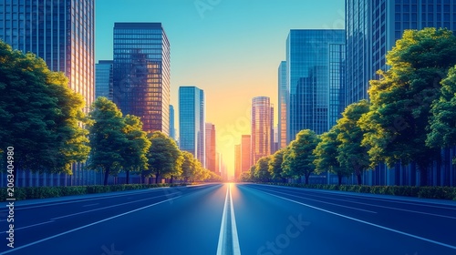 Glittering Modern City Skyline with Towering Skyscrapers and Illuminated Roadway at Sunset