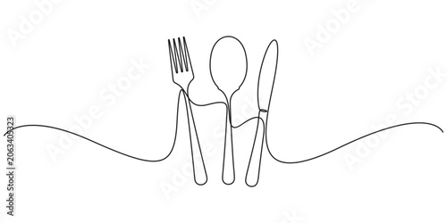 Foto Cutlery single line drawing of restaurant fork spoon and knife vector illustration
