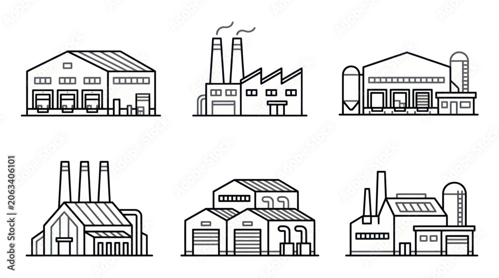 Fototapeta premium Set of factory and industrial building icons, outline design, vector illustration