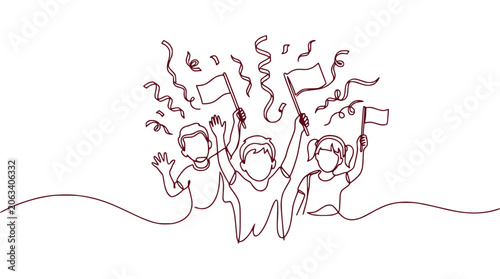 Tableau sur toile Joyful children celebrating with flags and confetti, single line drawing