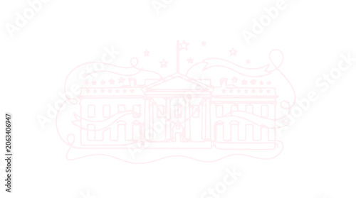 Minimalist White House Outline Drawing with Stars and Ribbons, Pink Line Art, Washington DC Landmark