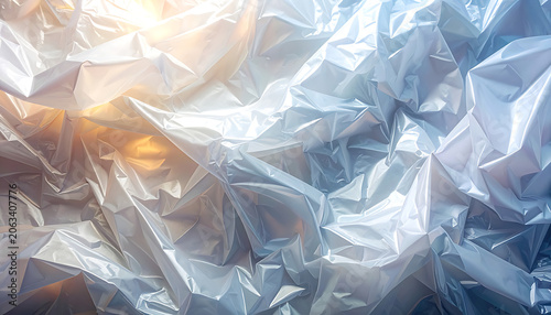 Abstract crumpled silver foil texture with light reflections, metallic paper background for luxury design