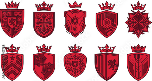 Quadro su tela Red Heraldic Shield Collection Set with Royal Crowns, Medieval Coat of Arms Embl