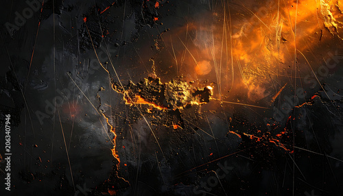 Abstract dark background with glowing orange embers, sparks, and light trails, fire particle texture effect
