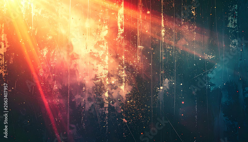 Abstract dark background with glowing golden light rays, particle dust, vintage film grain texture, atmospheric cinematic overlay for post-production