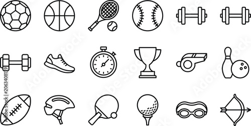 Schilderij op canvas Sports and fitness line icons collection featuring football, basketball, tennis,