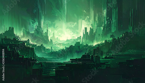 Abstract digital landscape of a glowing emerald green alien metropolis with particle effects and mysterious atmosphere