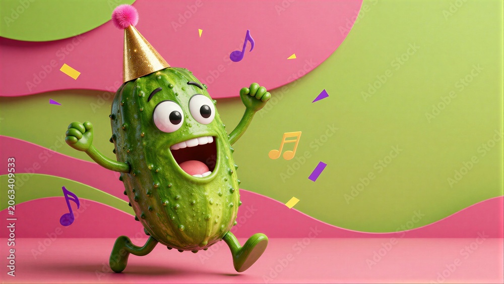 © joeycheung - Happy pickle in party hat dances joyfully amid colorful confetti and music notes.
