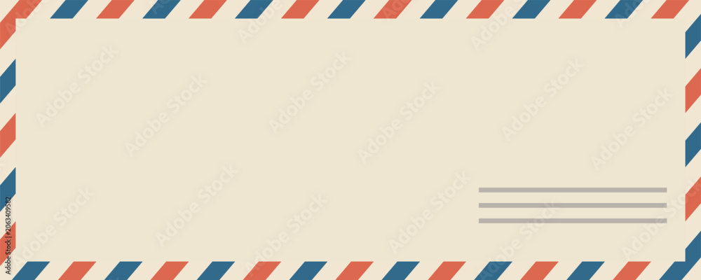 Fototapeta premium Airmail envelope frame. Commercial envelope. International vintage letter border. Retro air mail postcard with blue and red stripes. Blank correspondence paper template.eps,10