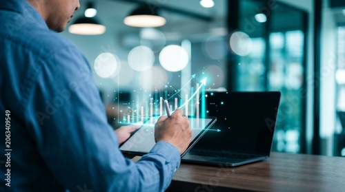 Business professional typing on laptop in modern office with warm lighting and blurred background