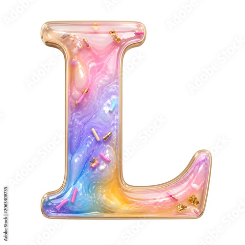 Glossy rainbow letter L with gold frame and sprinkles