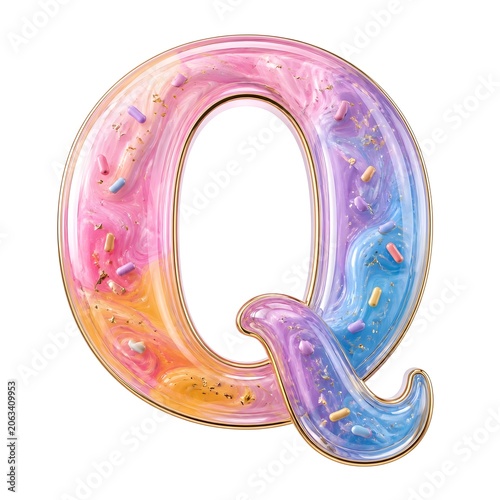 3D Pastel Rainbow Marble Letter Q with Sweet Candy Sprinkles Typography