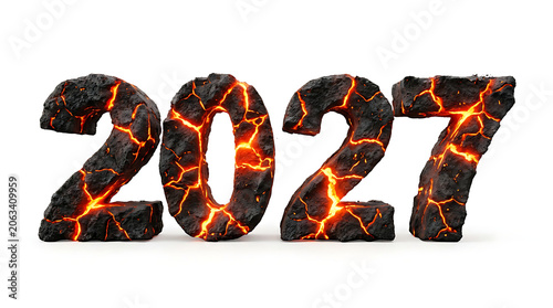 3D render of the year 2027 made of glowing volcanic lava and cooled black magma isolated on white background.
