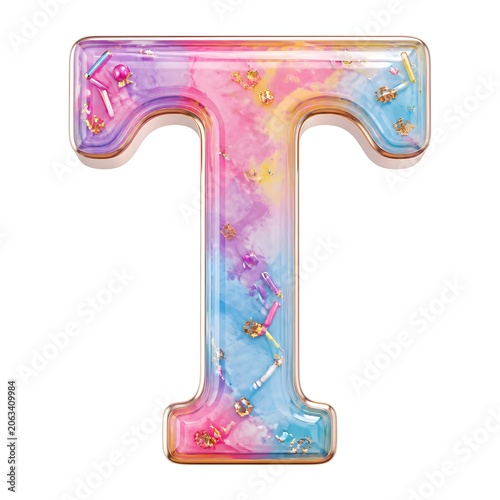 3D Pastel Rainbow Marble Letter T with Sweet Candy Sprinkles Typography