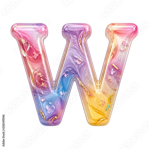 3D Pastel Rainbow Marble Letter W with Sweet Candy Sprinkles Typography