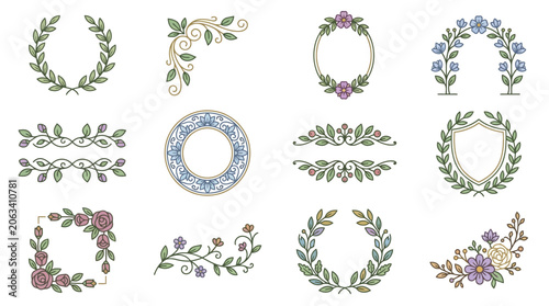 Tableau sur toile Floral Wreath Designs with Leaves and Flowers.