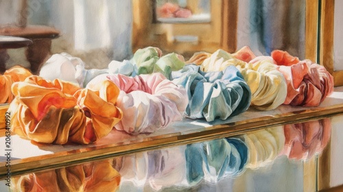 Watercolor painting of colorful scrunchies on a mirrored surface with blurred background