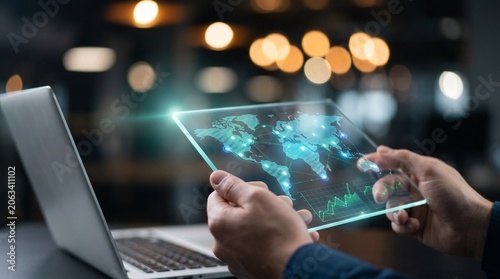 Person interacting with futuristic digital blockchain interface on laptop in modern office with bokeh lights
