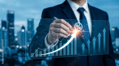 Business professional drawing global network connection with glowing light effects in modern city skyline