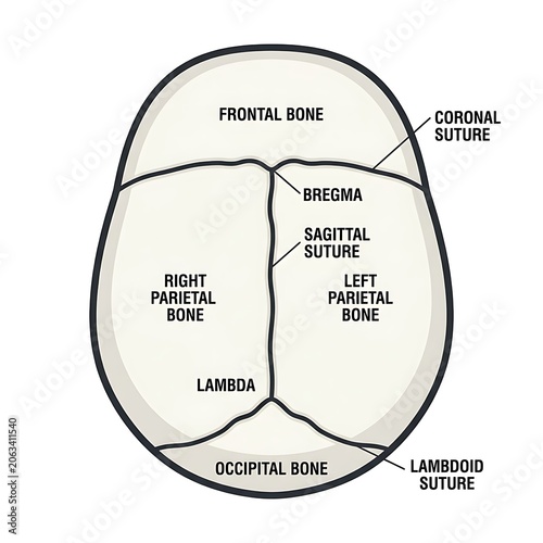 Diagram of human skull bone sutures and landmarks.
