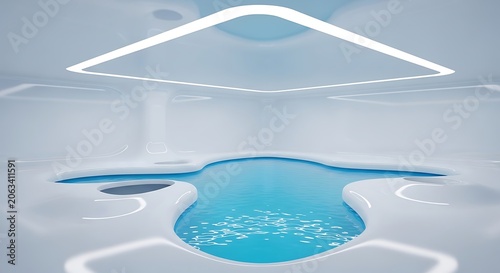 Empty square room with Abstract smooth future interior swimming pool with blue water.