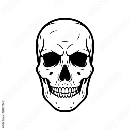 Black and white skull illustration with hollow eyes.