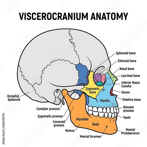 Detailed anatomical diagram of human viscerocranium bones.