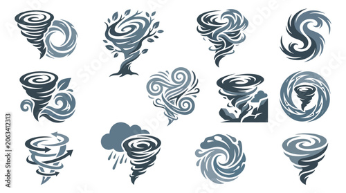 Φωτογραφία Collection of stylized tornado and hurricane icons representing natural disasters and weather phenomena