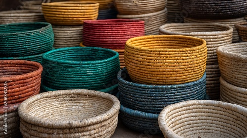 Colorful handcrafted woven baskets on display