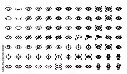 Minimal eye outline and solid icon collection with visibility watch and view function vector set