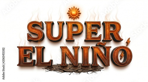 Super El Nino text with sun and lightning effects on cracked earth background