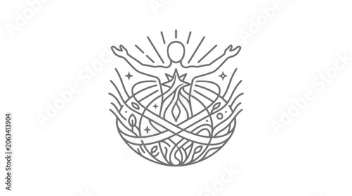 Fotografija Human figure rising from decorative globe with light rays.