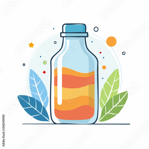 Illustration of a glass bottle with layered orange liquid and leaves
