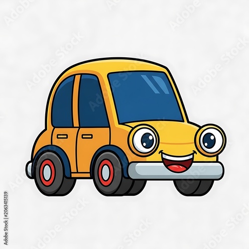 Cartoon yellow van with blue roof and smiling face.