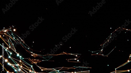 Emerging from black void glowing node-edge mesh forming rolling data hills, with teal orange nodes