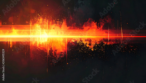 Fiery orange lens flare with glowing light streaks, particle embers, dark abstract cinematic background