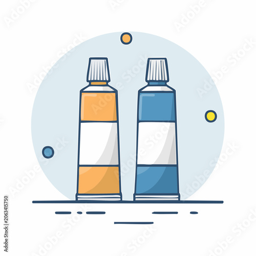 Two paint tubes, orange and blue, with white labels