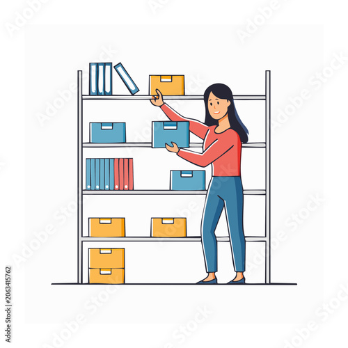 Woman organizing boxes and folders on storage shelves