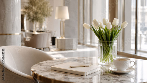 Writing and journaling inspiration on aesthetic marble table featuring elegant book and stationery and wellness lifestyle