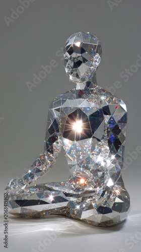 Striking sculpture of human figure crafted entirely from reflective crystal facets with light shining through chest area, radiating calm energy