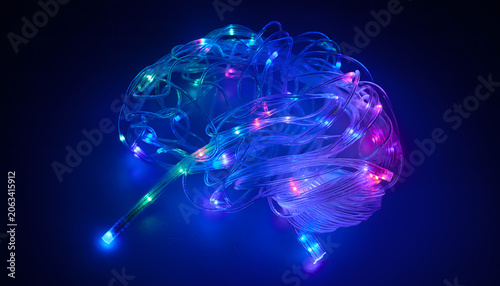 Luminous 3D concept of a human brain formed from glowing neon fiber optic cables, illustrating neuro-networks and deep learning. Excellent for AI research and neurology editorials