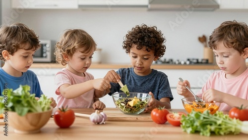 Children Preparing Healthy Salad Together