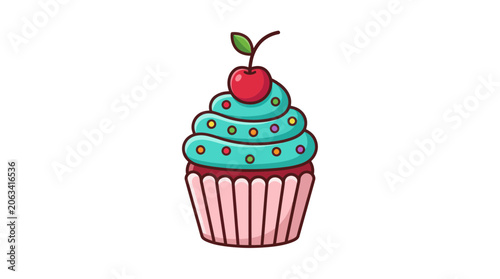 Tableau sur toile Cute Cartoon Cupcake with Cherry and Sprinkles