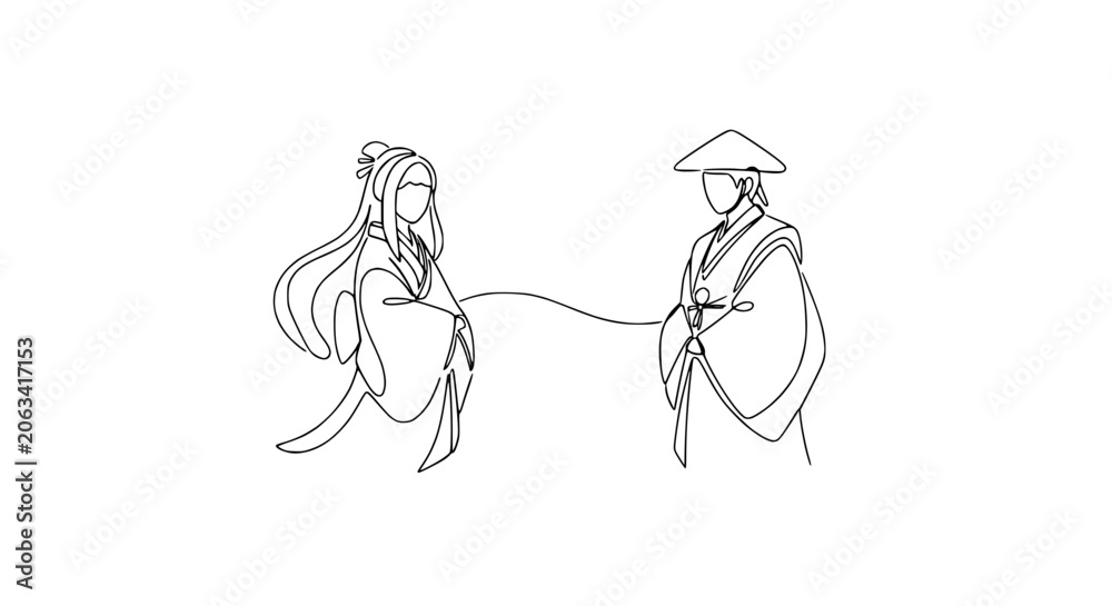 Obraz premium Ancient Chinese couple, single line drawing, traditional attire, romantic connection