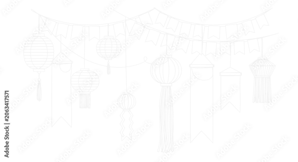 Obraz premium Hand-drawn illustration of festive paper lanterns and bunting flags, isolated on white background.