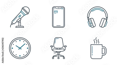 Office Workspace Icons: Microphone, Phone, Headphones, Clock, Chair, Coffee Mug